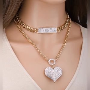 Gold rhinestone heart statement necklace - gold chain heart necklace